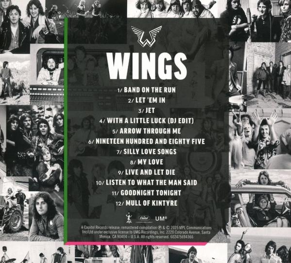 Albumcover für Wings mit Bandmitgliedern und Songtiteln: Band on the Run, Jet, Silly Love Songs usw. Hintergrundcollage.