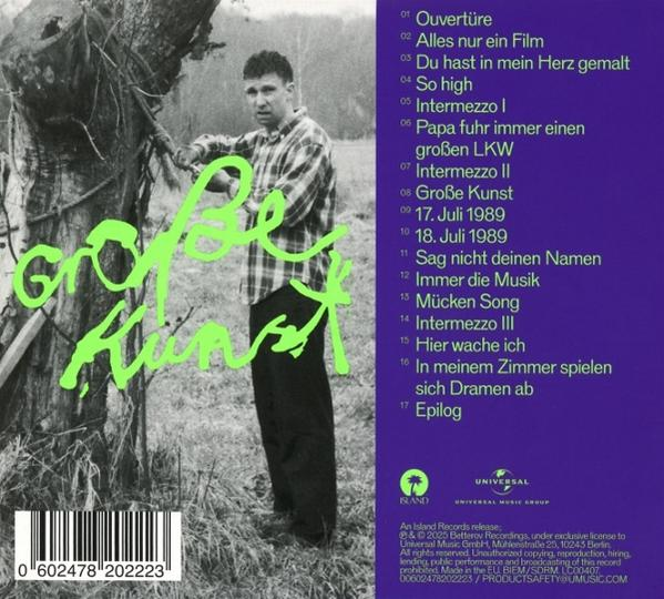 Albumcover mit Mann am Baum. Grüner Text "Große Kunst". Lila Hintergrund mit Songtiteln.