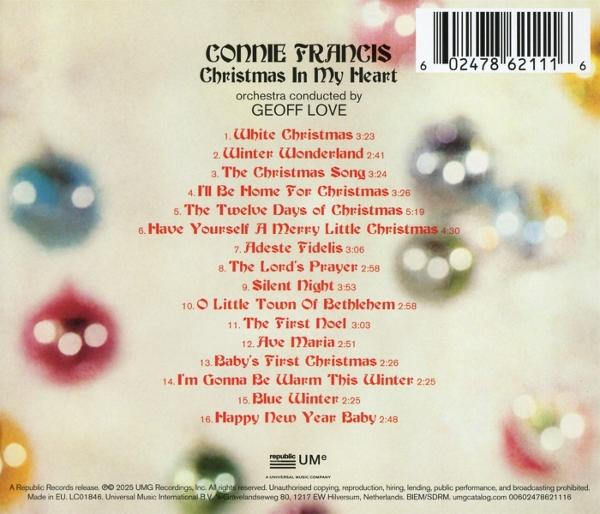 CD-Cover. Album von Connie Francis 'Christmas in My Heart'. Mit Titelliste und verschwommenen Weihnachtsschmuck.