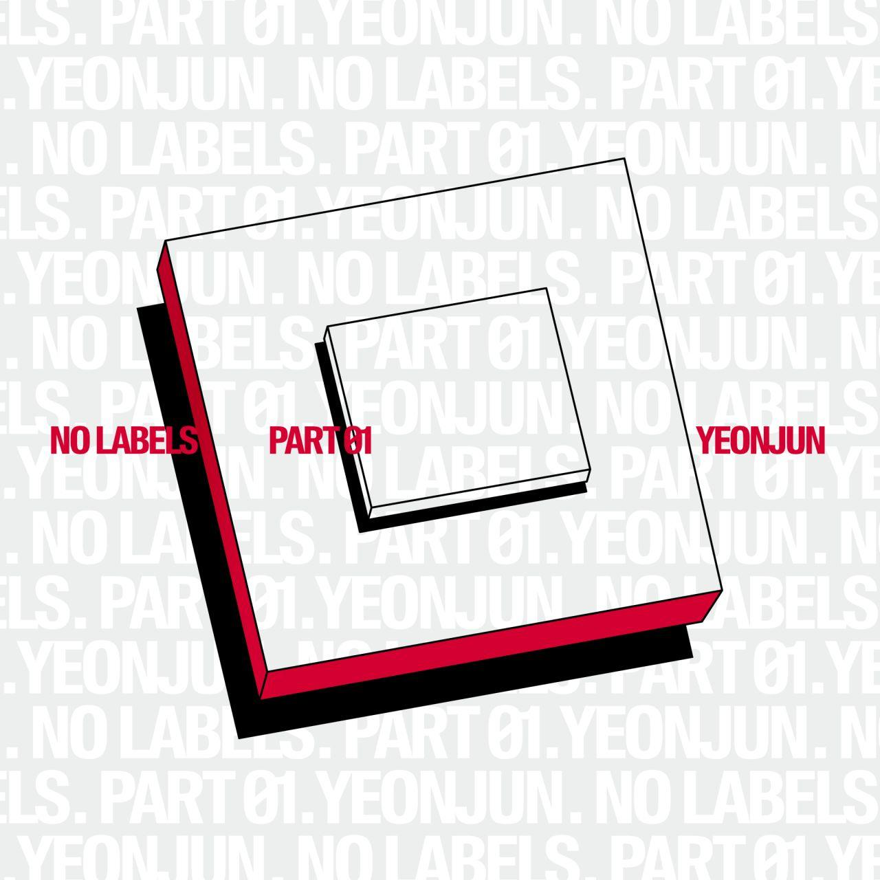 Geometrisches Design mit überlagerten Quadraten, schwarzen und roten Akzenten und Textüberlagerung mit 'NO LABELS' und 'YEONJUN'.