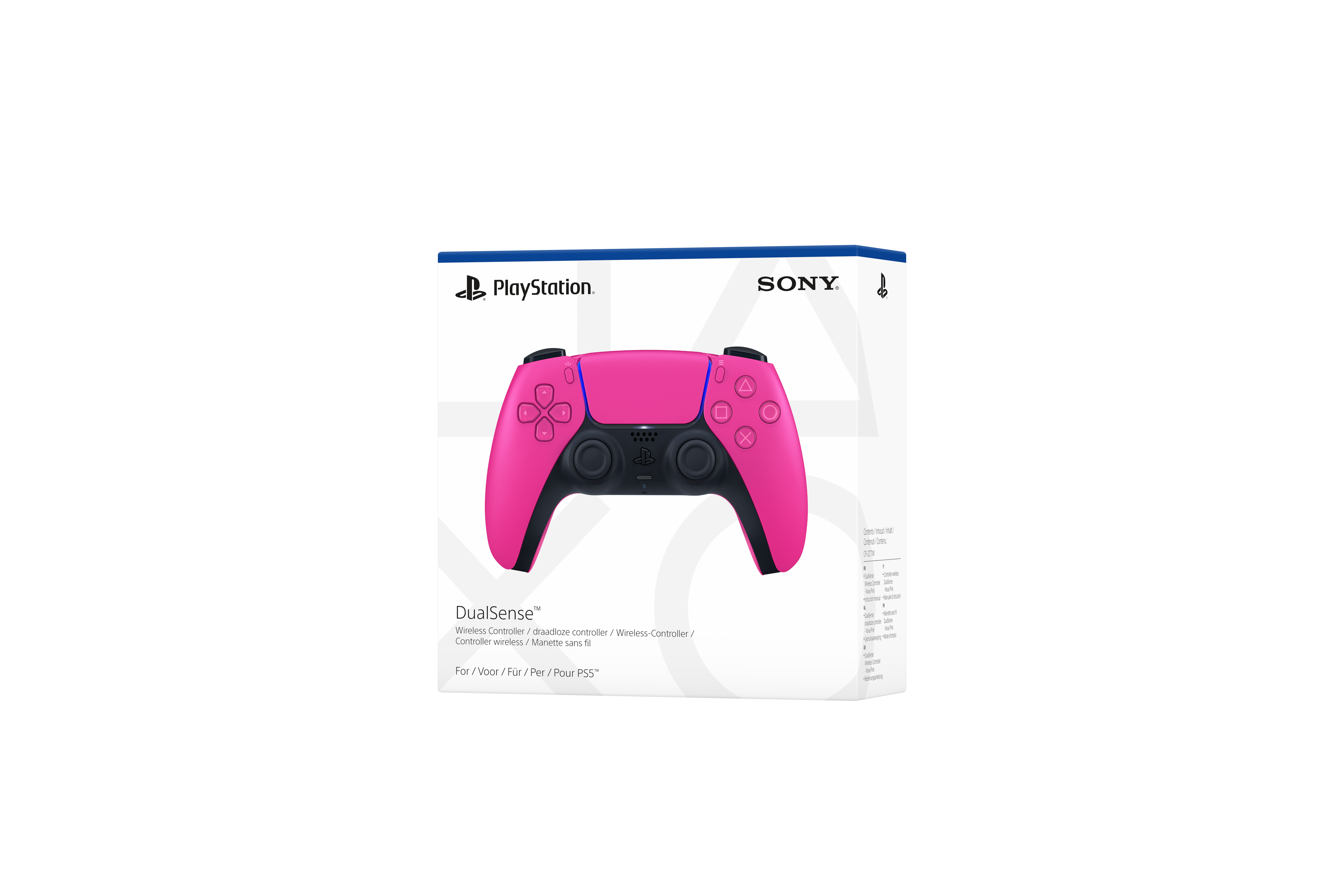 Ein rosafarbener PlayStation DualSense-Controller in seiner Box, mit den Logos von Sony und PlayStation.
