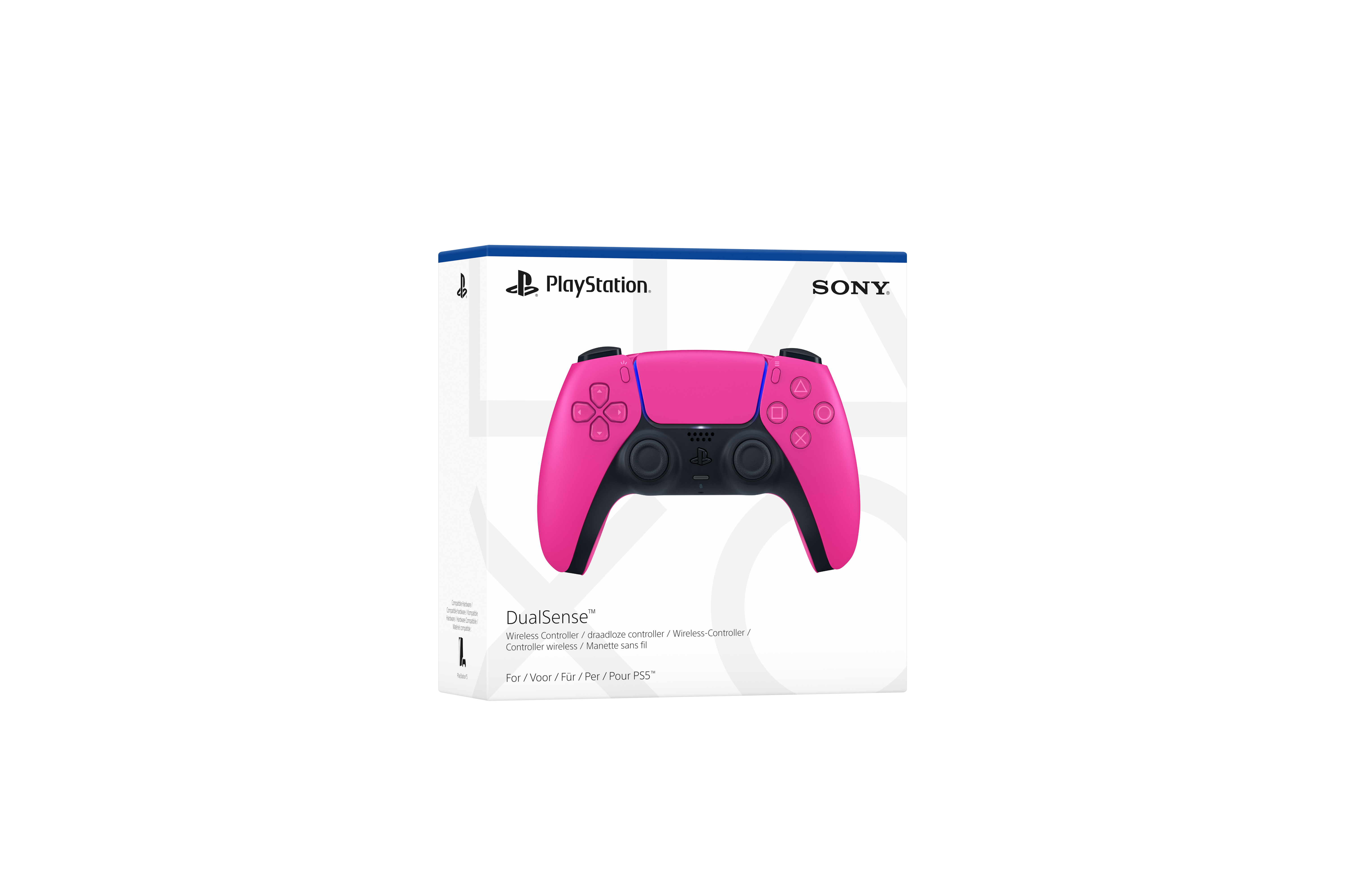 Eine rosa PlayStation DualSense-Controller-Box. Der Controller ist rosa mit schwarzen Akzenten. Sony- und Playstation-Logos sind sichtbar.