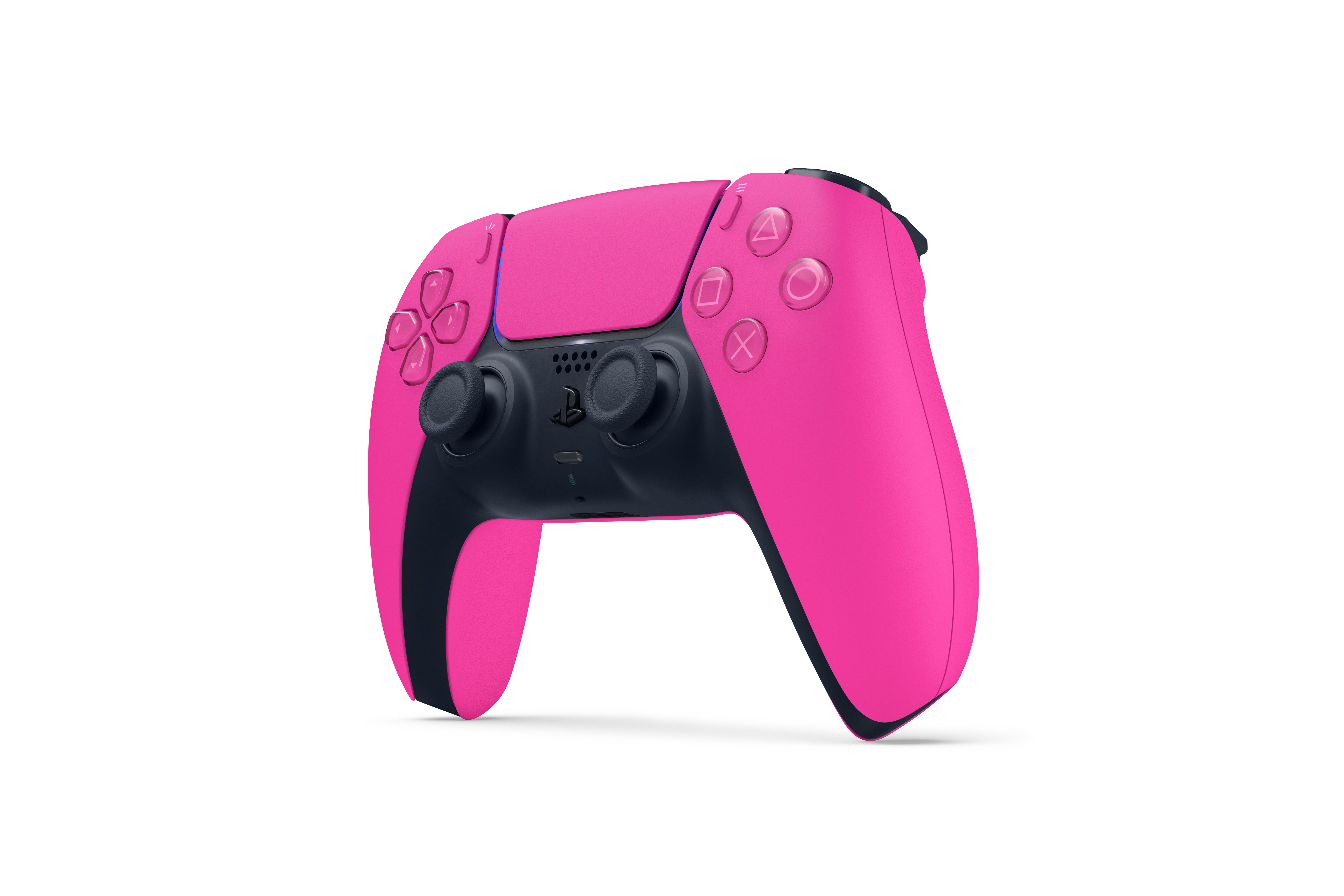 Ein pinkfarbener und schwarzer PlayStation 5-Controller ist vor weißem Hintergrund zentriert.