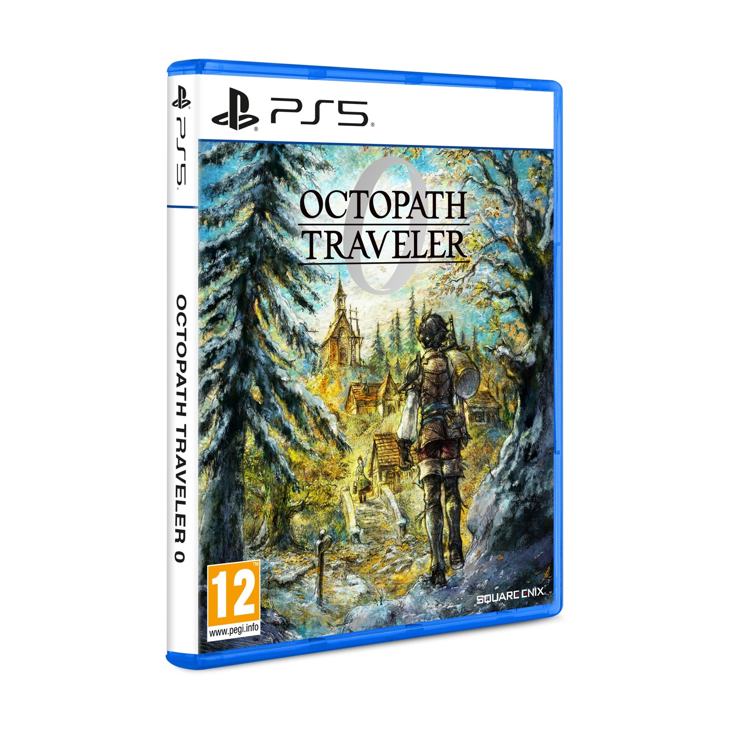 Scatola del gioco Octopath Traveler per PS5. Un personaggio è su un sentiero verso un villaggio. Lo sfondo mostra alberi e una chiesa.