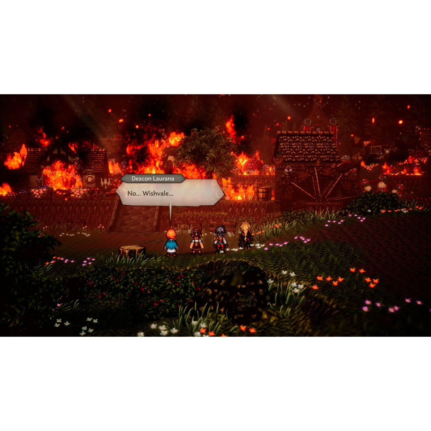 Scena di villaggio in fiamme. Le fiamme avvolgono gli edifici. Quattro personaggi in primo piano. Fumetto: 'No...Wishvale...'