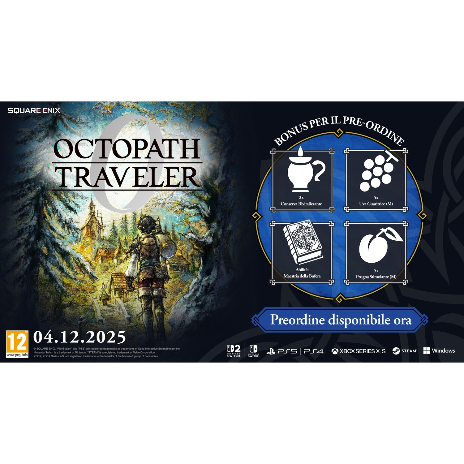 Copertina del gioco Octopath Traveler. Presenta un personaggio, uno scenario di villaggio e bonus di preordine come uva e prugne.