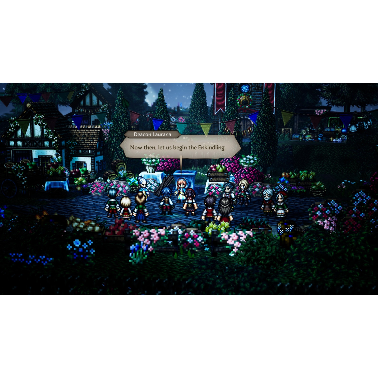 Una scena di gioco con personaggi pixelati in una piazza. La casella di testo dice: Allora, iniziamo l'Enkindling. Edifici sullo sfondo.