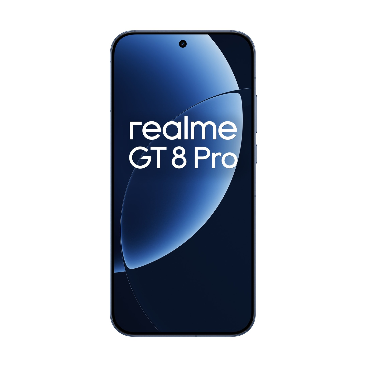 Uno smartphone con schermo blu mostra il testo "realme GT 8 Pro" su sfondo bianco.