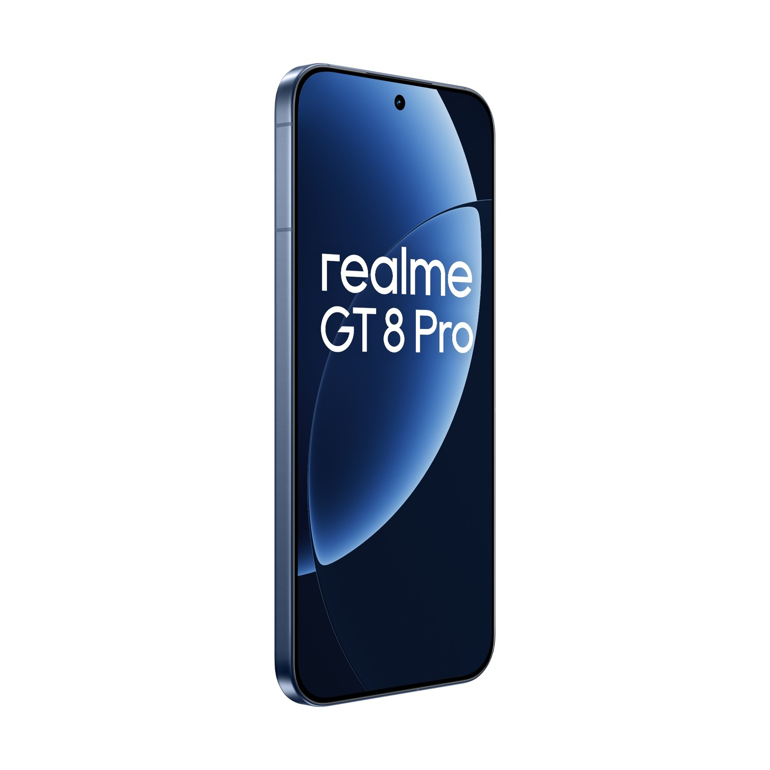 Uno smartphone con cornice blu e schermo blu scuro. Lo schermo mostra le parole "realme GT 8 Pro" in bianco.