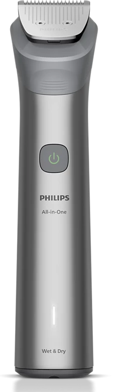Ein silberner Philips All-in-One Elektrorasierer. Er hat einen Ein-/Ausschalter, den Markennamen und die Aufschrift Wet & Dry. Oben ist die Klinge.