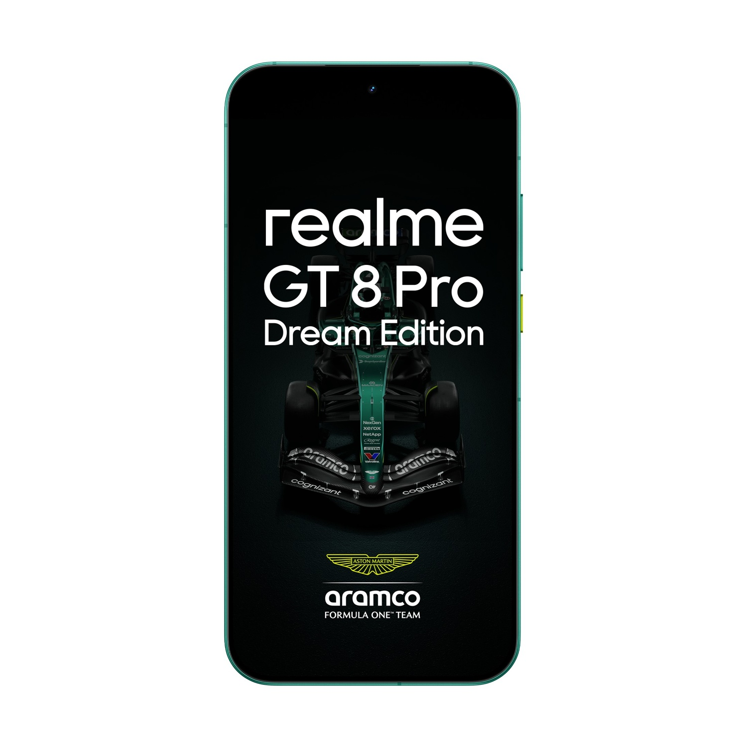 Uno smartphone mostra un'auto da corsa, il testo "realme GT 8 Pro Dream Edition" e il logo Aramco Formula 1 Team.