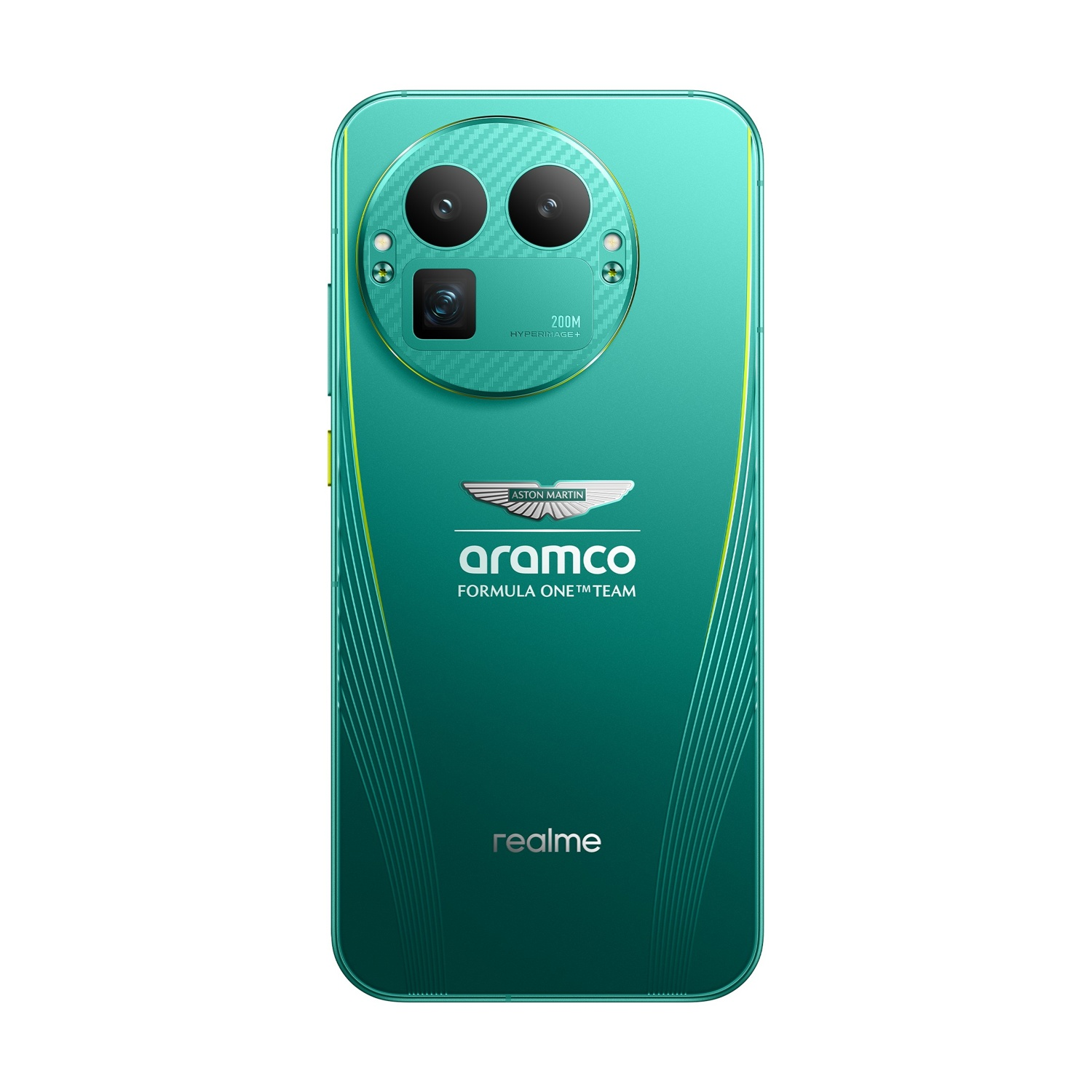 Smartphone verde con fotocamera, loghi Aston Martin e Aramco e marchio Realme.