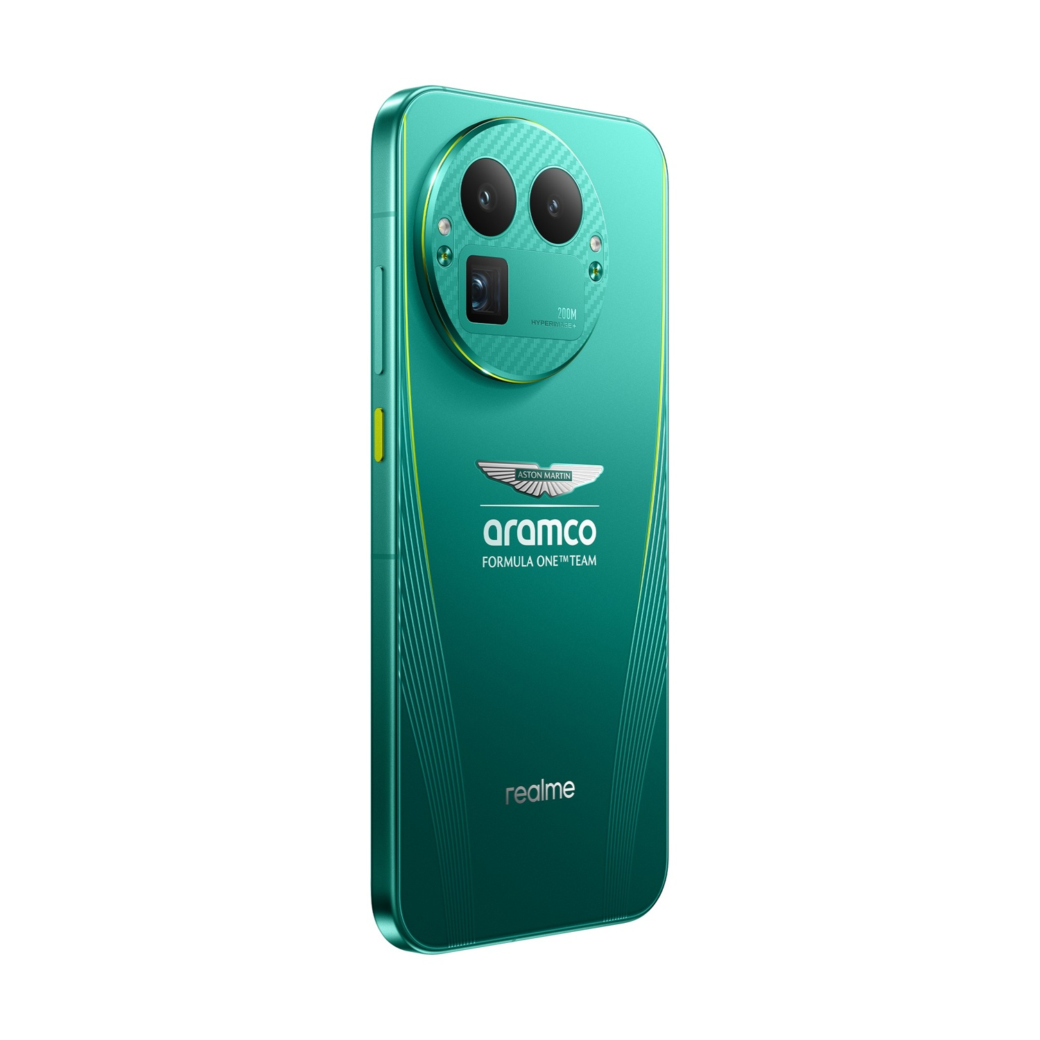 Uno smartphone turchese con tre fotocamere. Ha un logo Aston Martin Aramco Formula 1 e il marchio Realme.