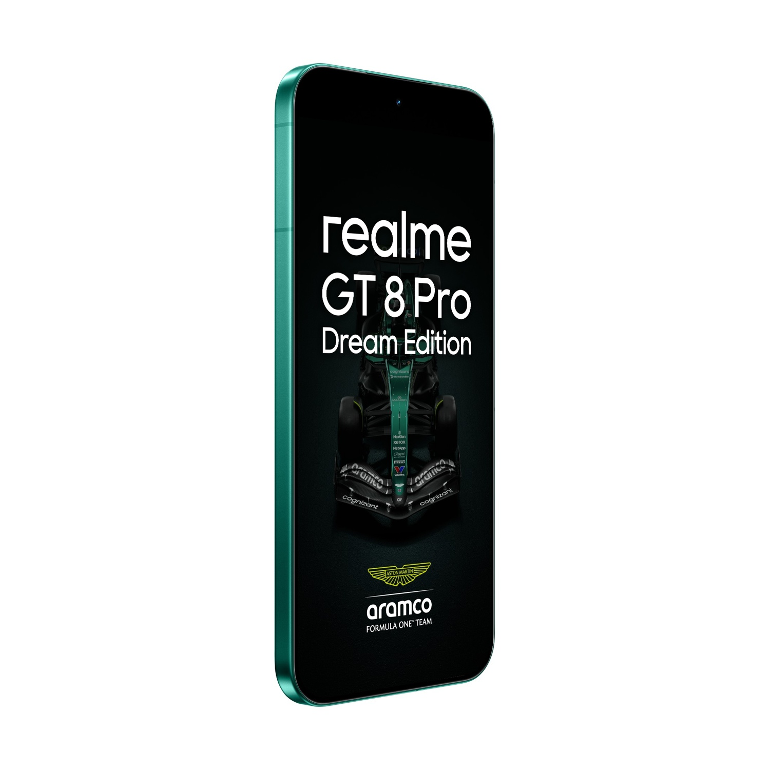 Uno smartphone mostra 'realme GT 8 Pro Dream Edition', con un'immagine di auto da corsa e i loghi Aston Martin e Aramco. Il telefono è verde acqua.