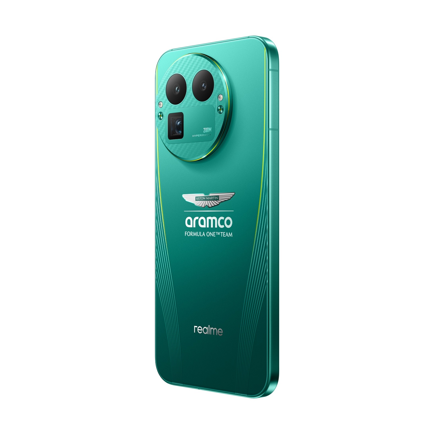 Uno smartphone verde con tre obiettivi, loghi Aston Martin e Aramco Formula 1 Team e marchio Realme.