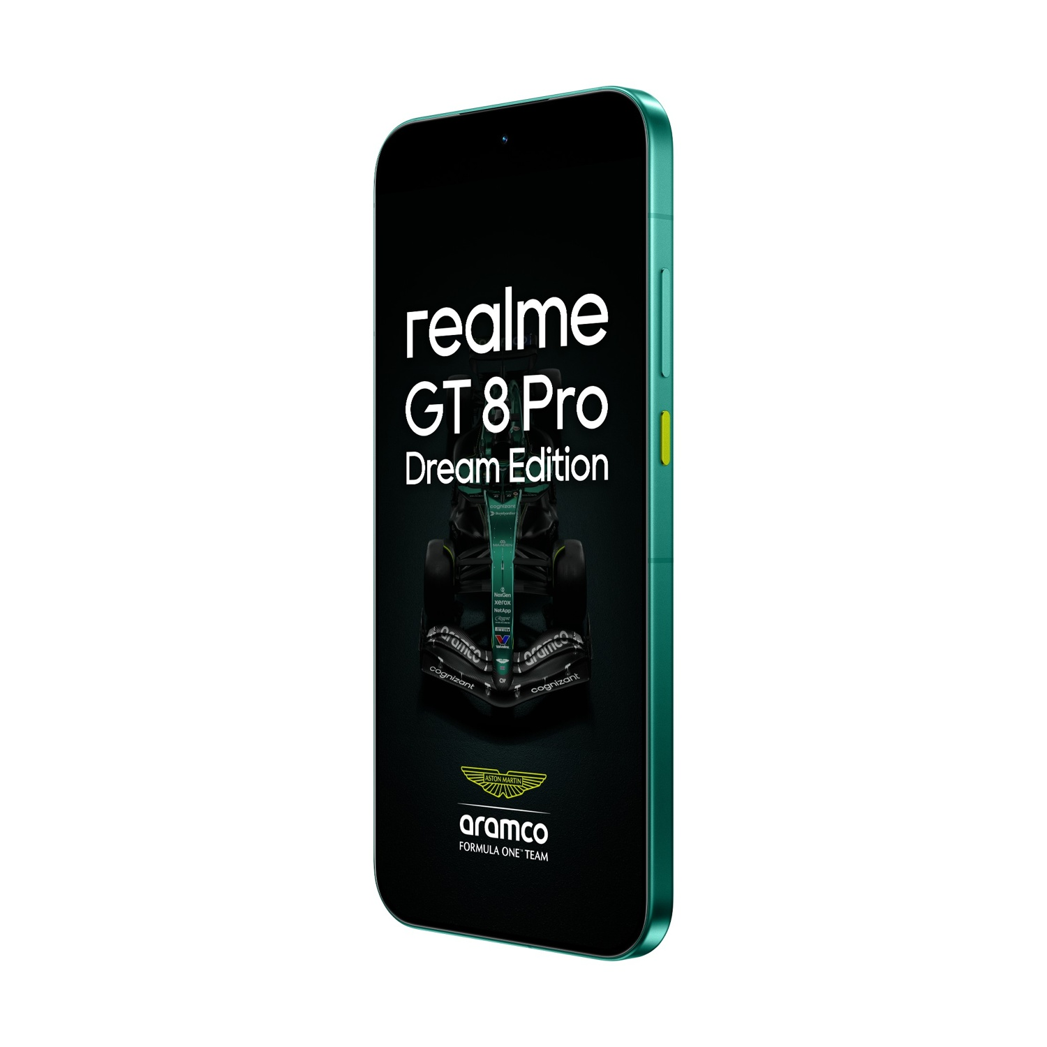 Uno smartphone mostra 'realme GT 8 Pro Dream Edition', con immagine di auto F1 verde. Il telefono ha una cornice verde, lo sfondo è bianco.