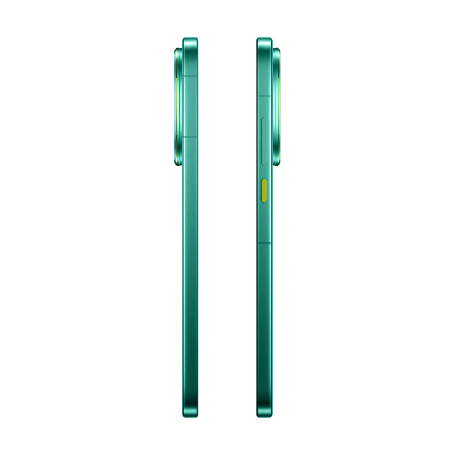 Due viste laterali di uno smartphone teal. Una mostra la fotocamera, l'altra i pulsanti del volume e di accensione, che sono gialli.