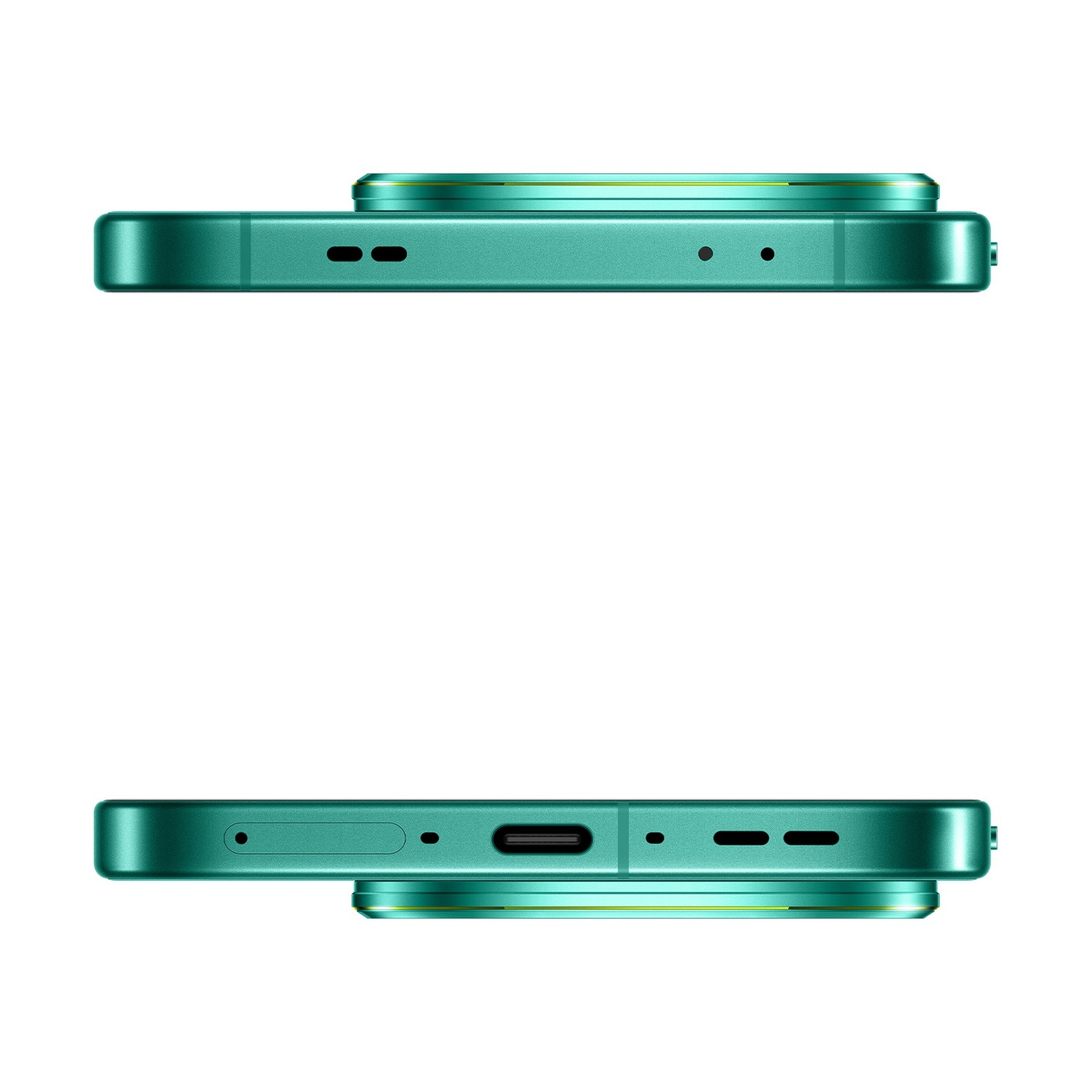 Uno smartphone verde acqua, viste dall'alto e dal basso. Mostra porte e pulsanti. Ha un rialzo della fotocamera e sfondo bianco.