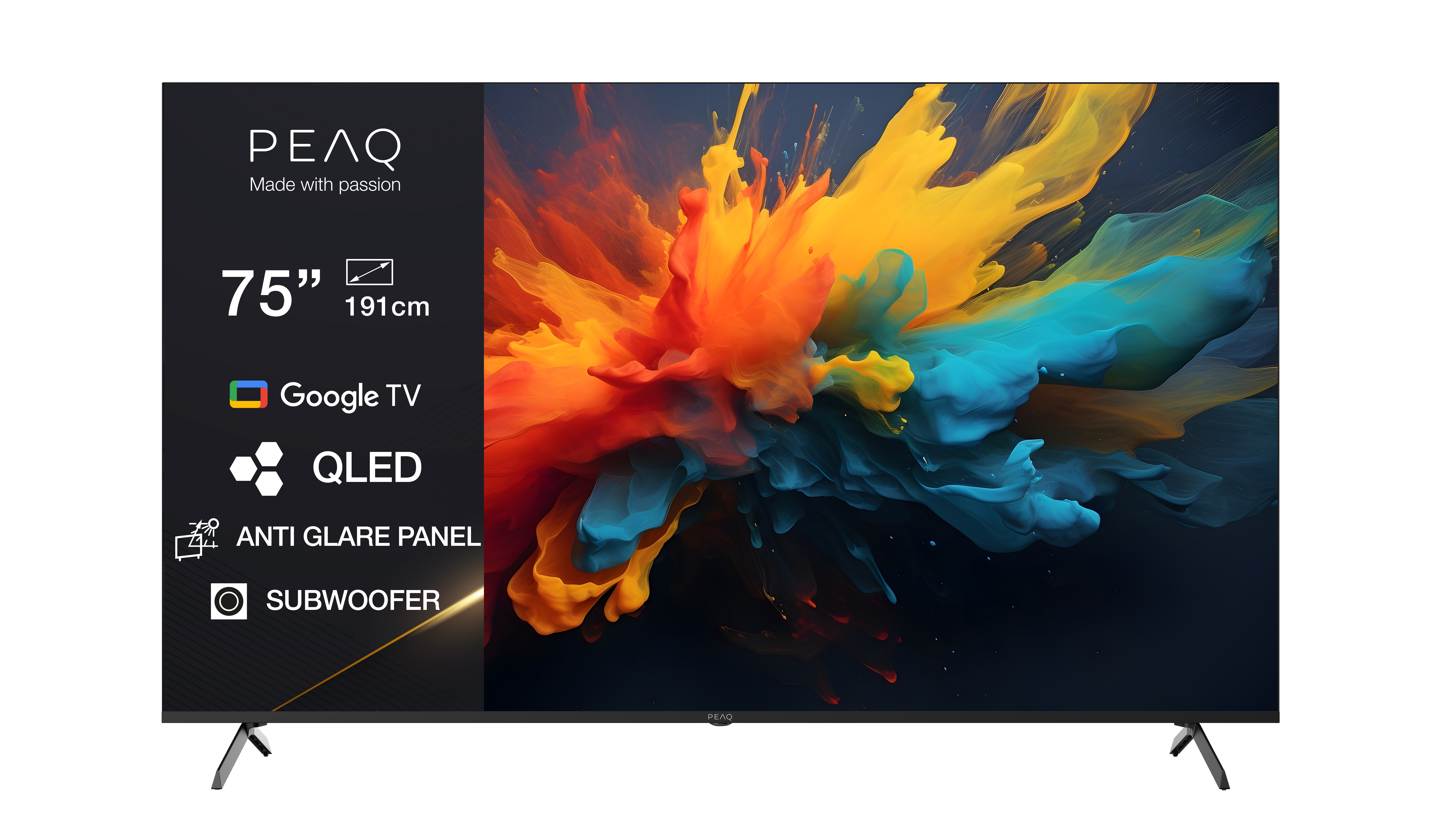 Ein 75-Zoll-PEAQ-QLED-Fernseher mit farbenfroher abstrakter Kunst auf dem Bildschirm. Merkmale sind Google TV, Anti-Glare-Panel und Subwoofer.