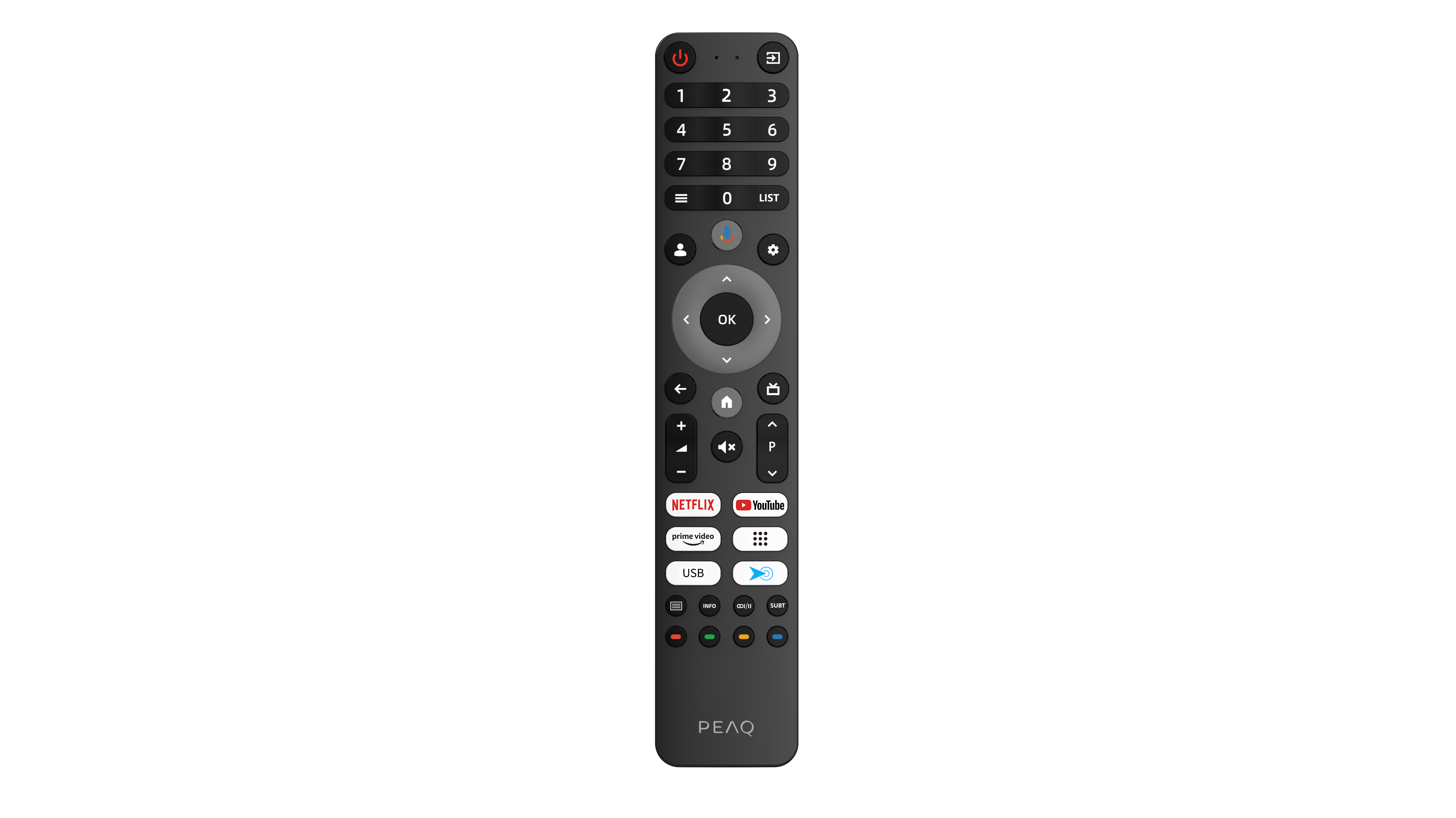Eine schwarze PEAQ-Fernbedienung mit vielen Tasten, darunter Netflix, YouTube und Lautstärkeregler, vor einem schwarz-weißen Hintergrund.