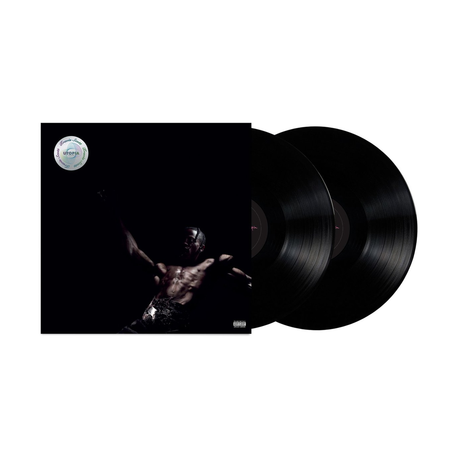 Copertina dell'album: uomo a torso nudo con le braccia alzate. Due dischi in vinile nero accanto alla copertina. Titolo dell'album è 'Utopia'.