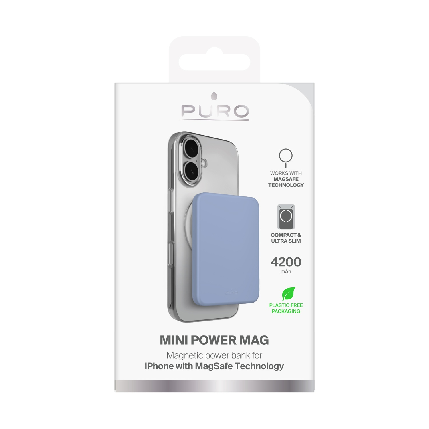 Una scatola bianca con un telefono e un power bank magnetico blu. Il testo sulla scatola recita "MINI POWER MAG" e "Imballaggio senza plastica".