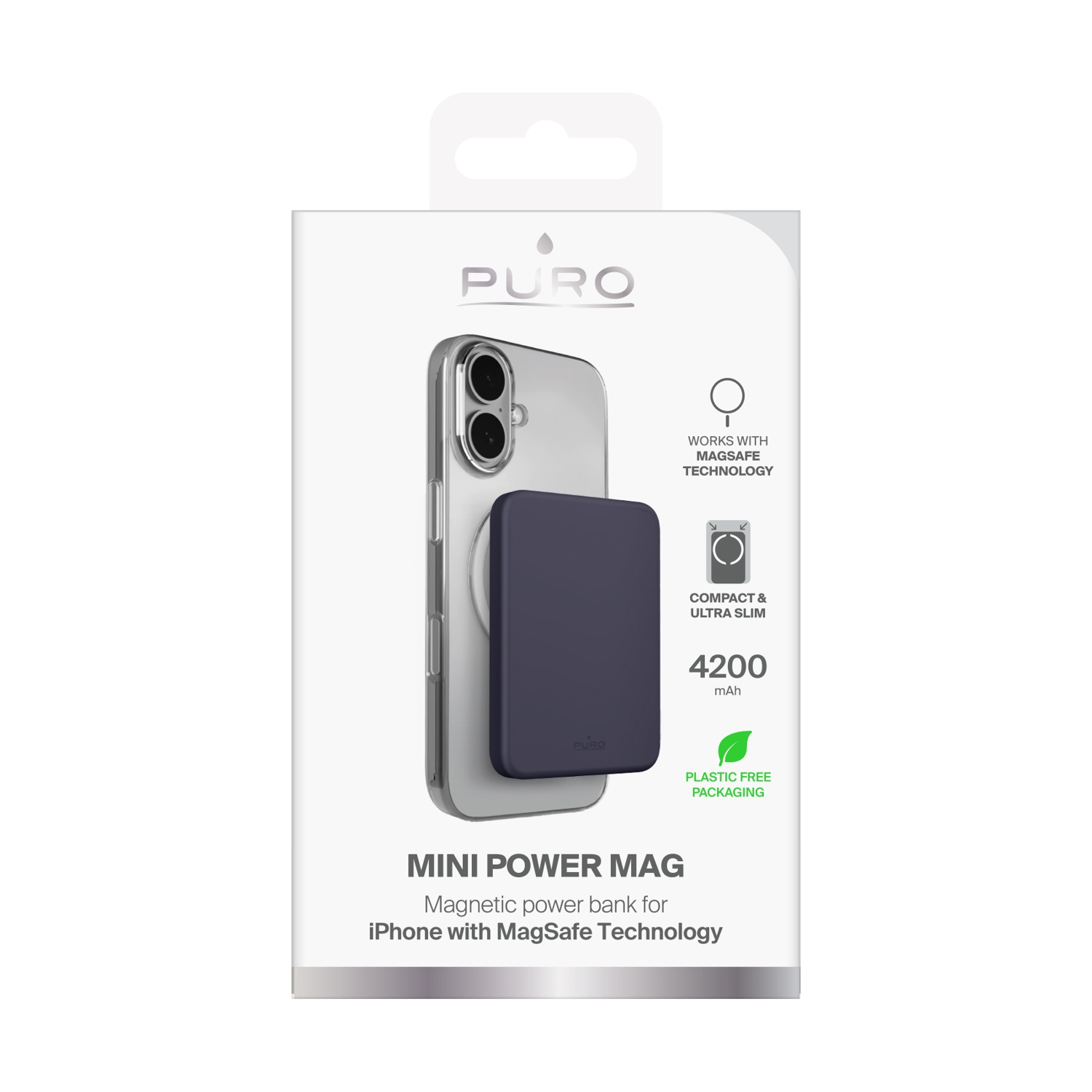 Una confezione di prodotto che mostra un telefono con una power bank magnetica collegata. Il testo sulla confezione include 'Mini Power Mag' e '4200 mAh'.