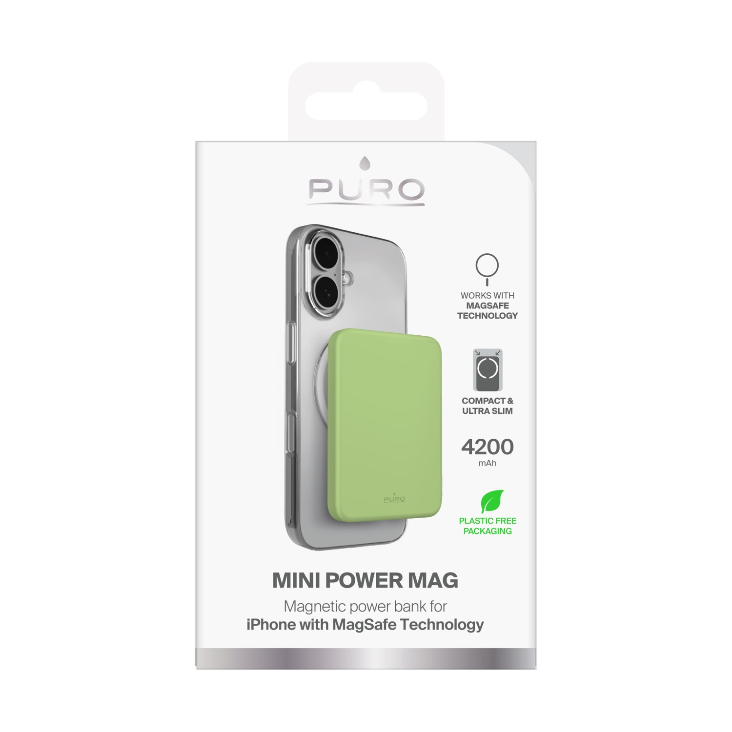 L'immagine mostra una confezione del prodotto con un telefono e un power bank verde. Il testo include 'Mini Power Mag' e 'MagSafe Technology'.