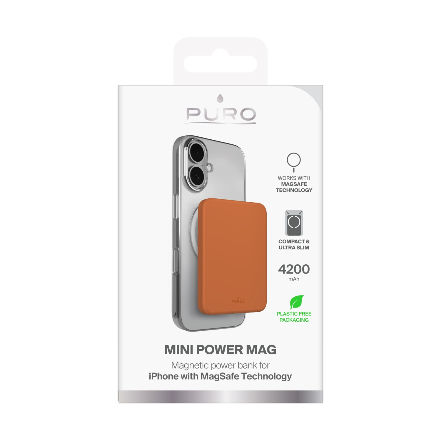 L'immagine mostra una scatola bianca con un iPhone e un power bank arancione. Il testo include 'MINI POWER MAG' e 'Plastic Free Packaging'.