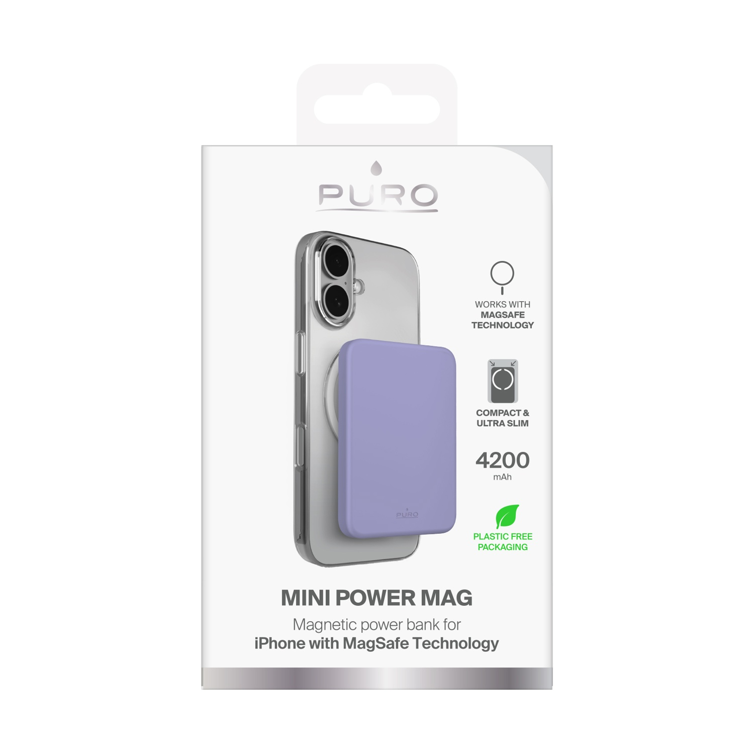 Un telefono in una custodia con un power bank viola attaccato su una confezione bianca. Il testo include 'MINI POWER MAG' e il logo 'PURO'.