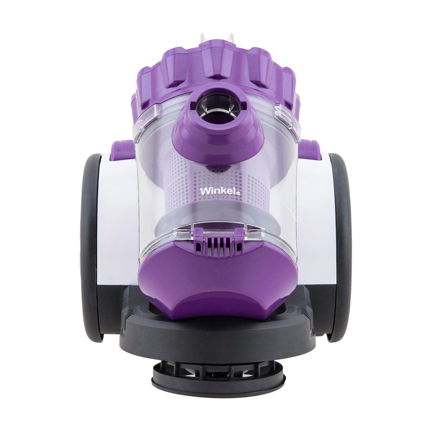 Un aspirapolvere viola e bianco. Ha un contenitore per la polvere trasparente, due ruote e una base nera.