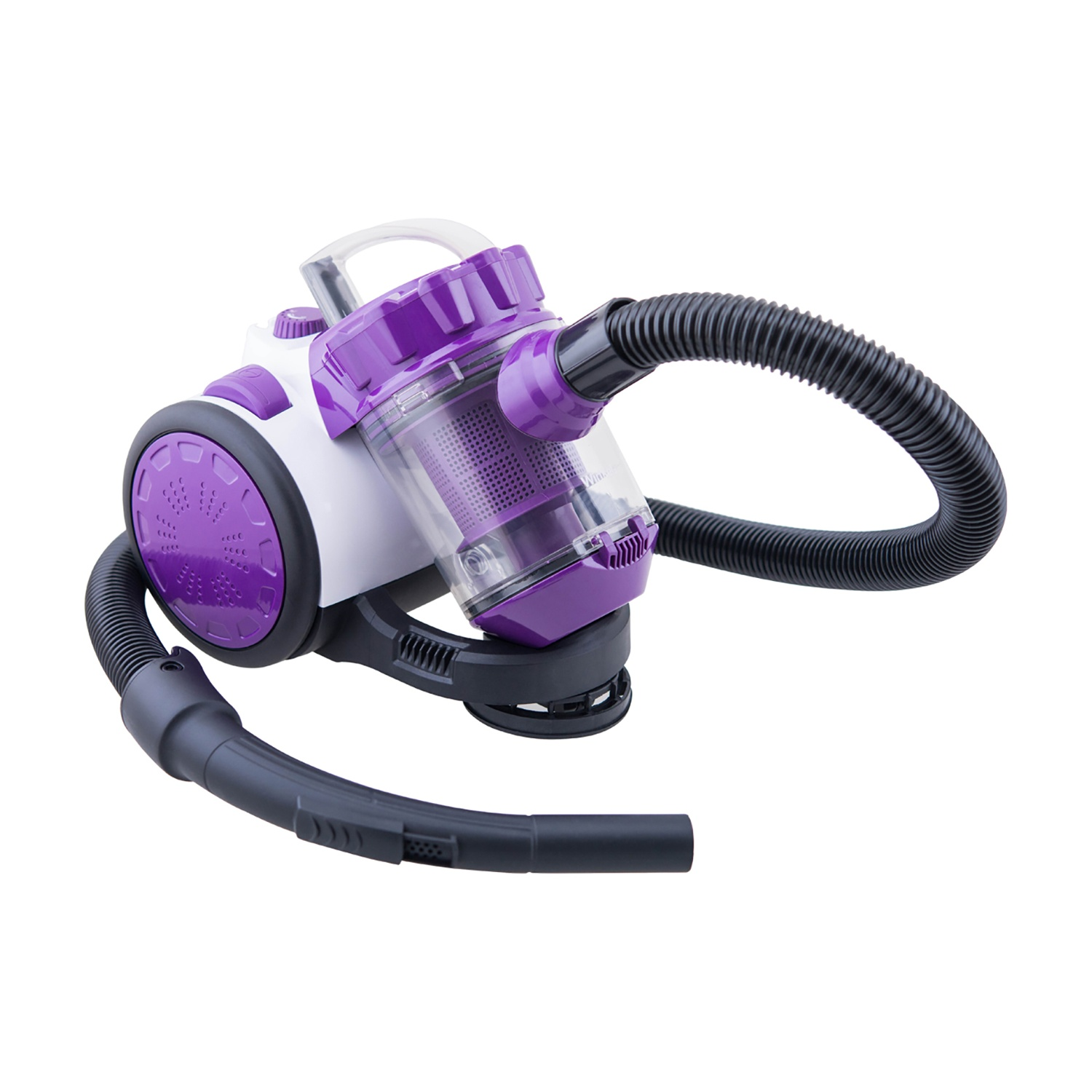 Un aspirapolvere viola e bianco con tubo e ugello neri, isolato su sfondo bianco.