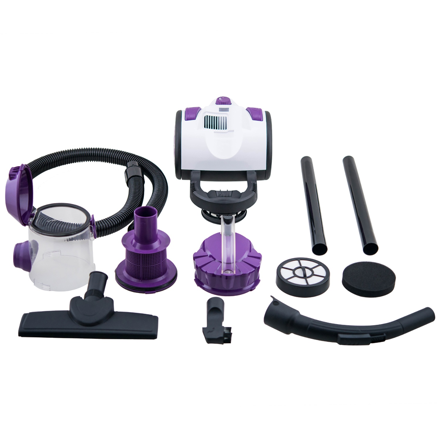 Aspirapolvere smontato con corpo bianco, dettagli viola, tubo e parti nere, disposti su sfondo bianco.