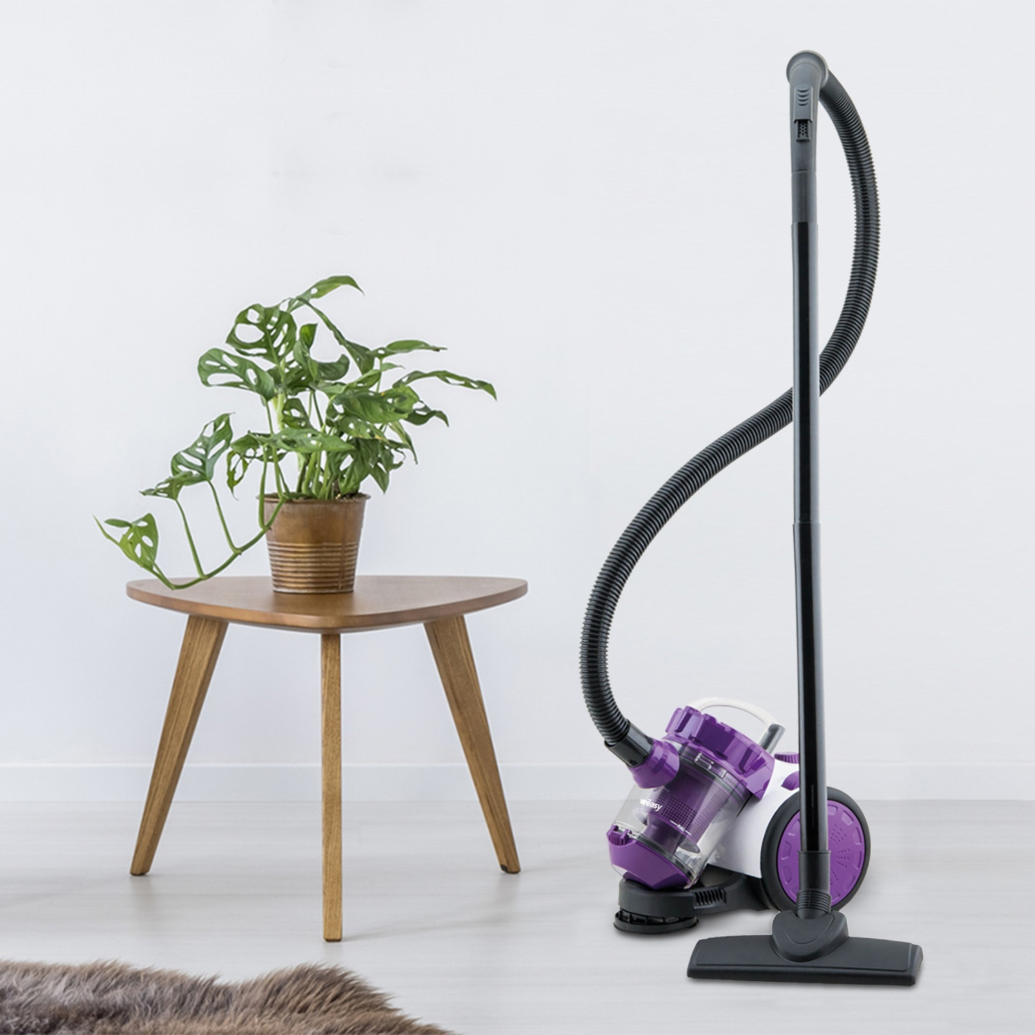 Un aspirapolvere con dettagli viola accanto a un tavolino con una pianta in vaso. Un tappeto soffice sul pavimento.