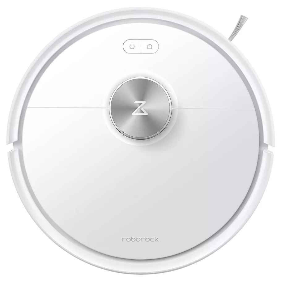 Egy fehér, kerek robotporszívó ezüst középső gombbal és két vezérlőgombbal. A 'roborock' márkanév látható.