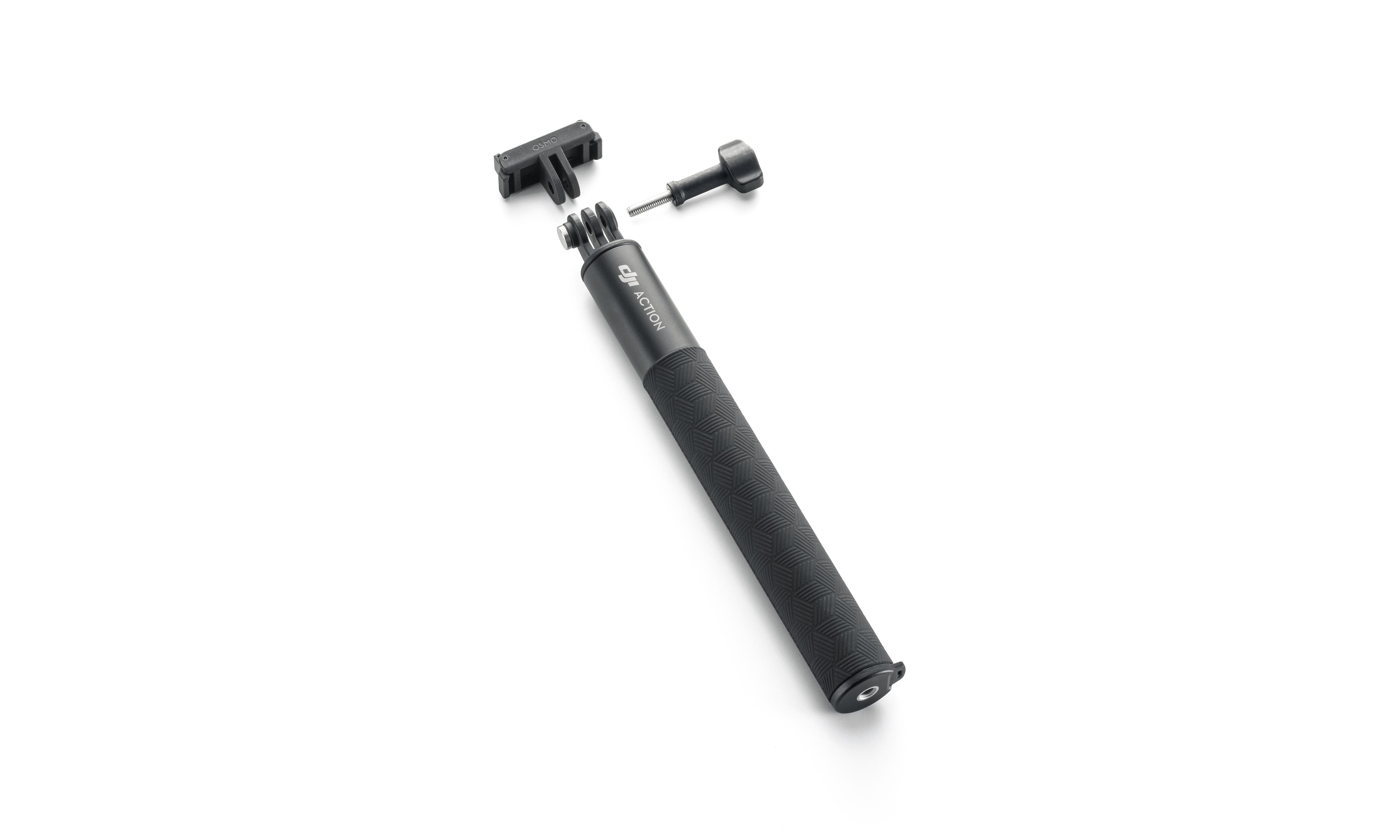 Schwarzes DJI Osmo Action Kamera-Zubehörset auf Weiß. Enthält ein Einbeinstativ, einen Anschluss und eine Schraube.