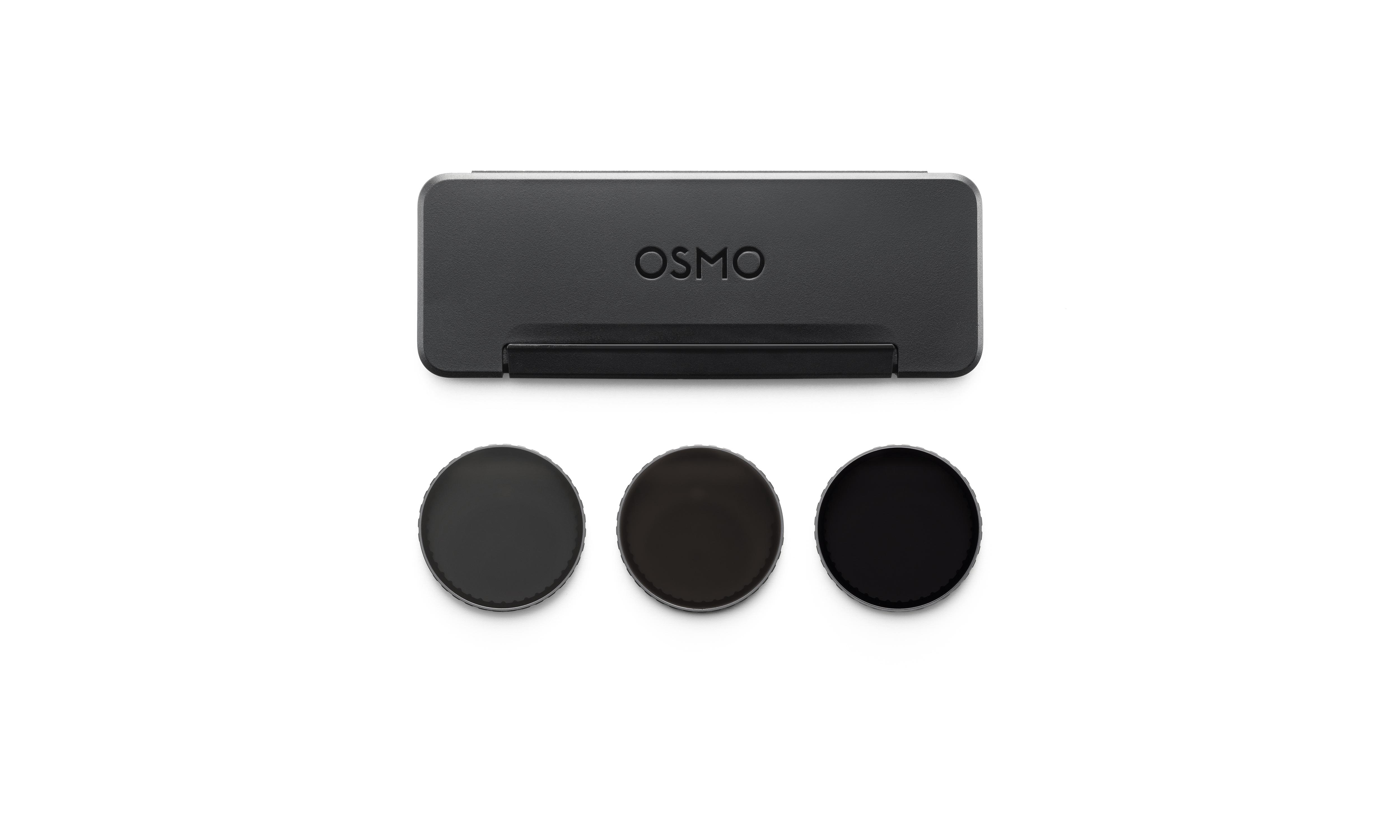 Ein schwarzes Osmo-Etui mit drei kreisförmigen dunklen Filtern. Alles auf weißem Hintergrund. Auf dem Etui steht das Wort Osmo.