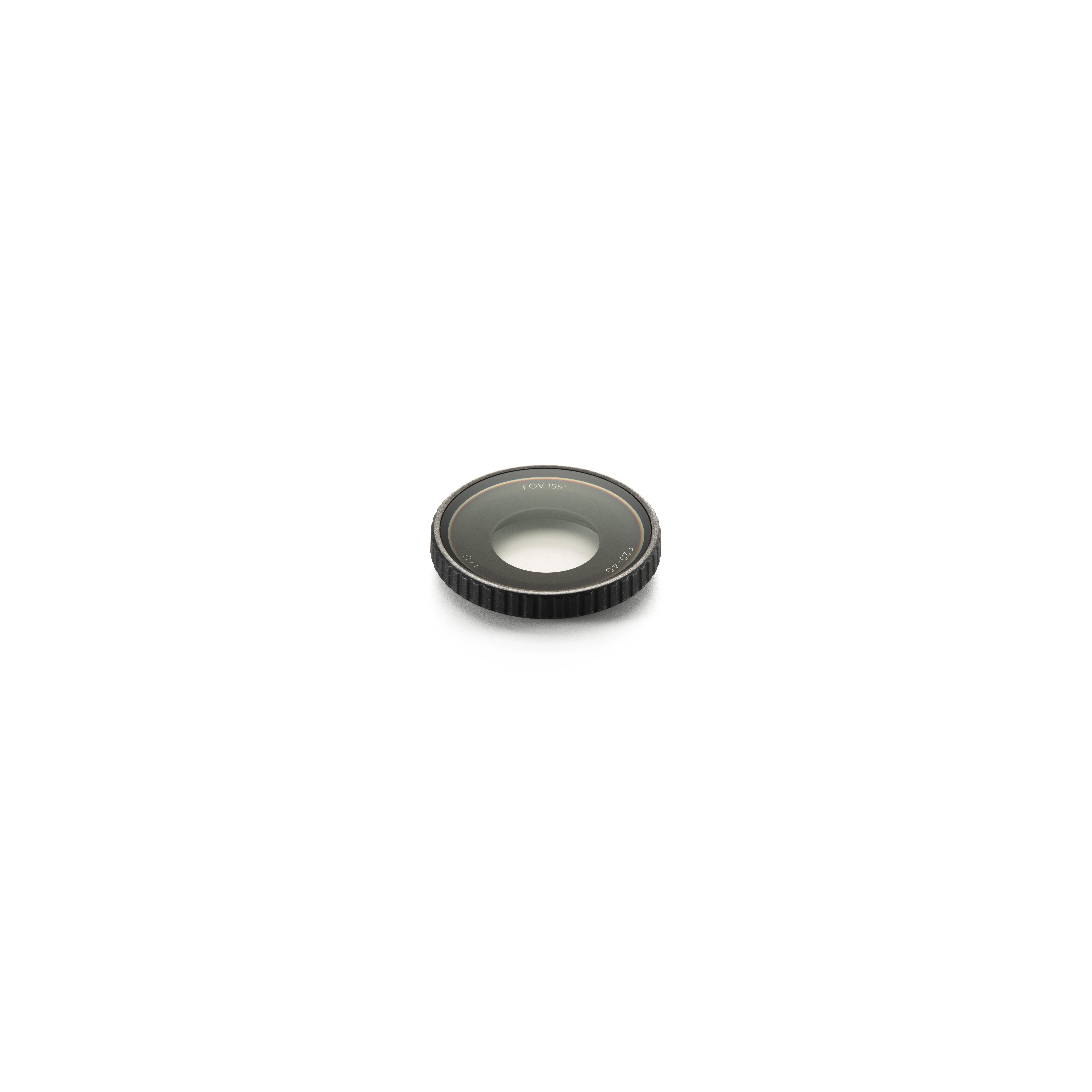 Ein kreisförmiger Kameraobjektivfilter, schwarzer Rand, klares Glas, liegt auf weißer Oberfläche. Der Filter sagt FOV 155°.