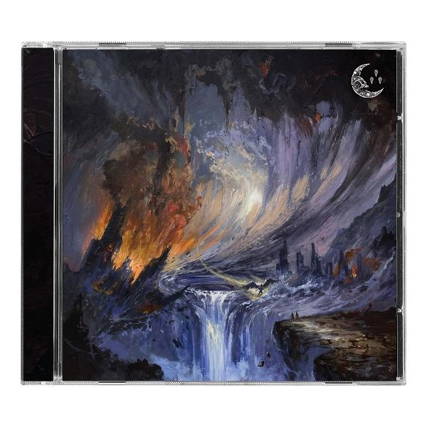 CD-Cover-Artwork mit einer Fantasy-Landschaft. Ein Wasserfall stürzt in einen dunklen Abgrund, mit feurigem Himmel und Schattenfiguren.