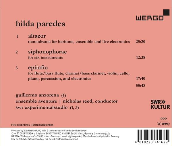 Albumcover: rosa Hintergrund, schwarzer Text. Titel: 'hilda paredes'. Tracks mit Laufzeiten. WERGO-Logo und SWR KULTUR.