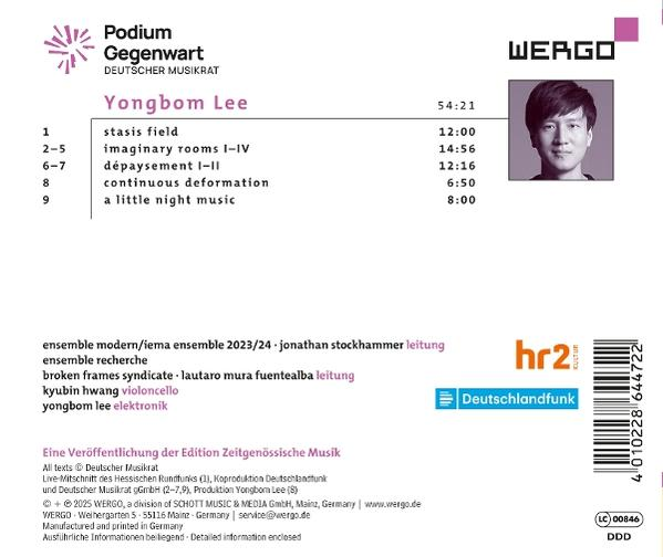 CD-Cover für Yongbom Lee. Enthält ein Porträt, eine Titelliste und Logos. Überwiegend weiß mit schwarzem Text.