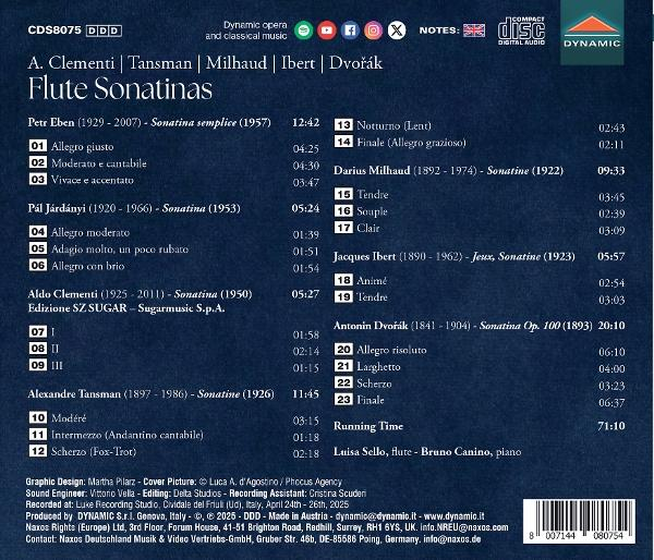CD-Cover. Titel: Flöten-Sonatinas. Komponisten: Clementi, Tansman, Milhaud, Ibert, Dvorak. Enthält Titellisten und Credits.