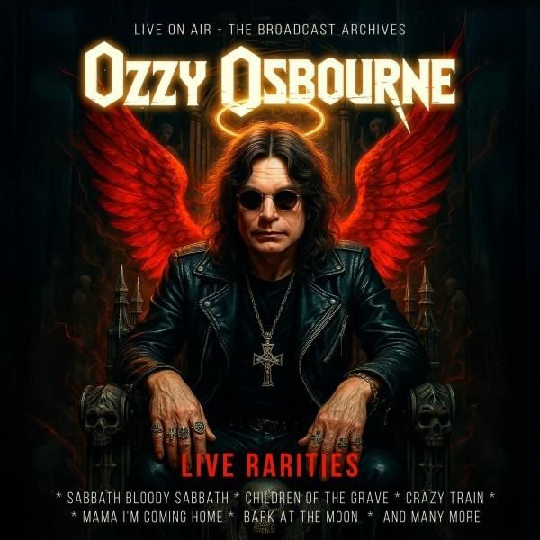 Ozzy Osbourne Poster. Er trägt Lederjacke, Sonnenbrille und Kreuzkette. Rote Flügel und Heiligenschein. Text enthält 'Live Rarities' und Songtitel.