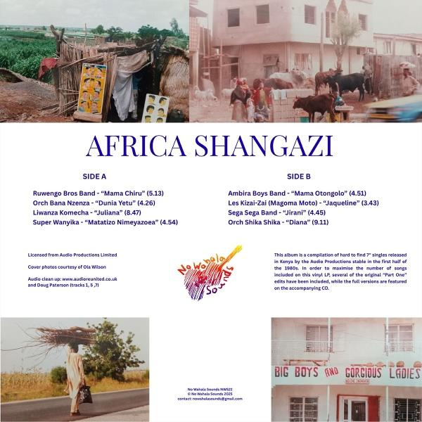 Albumcover: 'Africa Shangazi'. Enthält Text, Fotos vom afrikanischen Leben und eine Person, die Holz auf dem Kopf trägt.