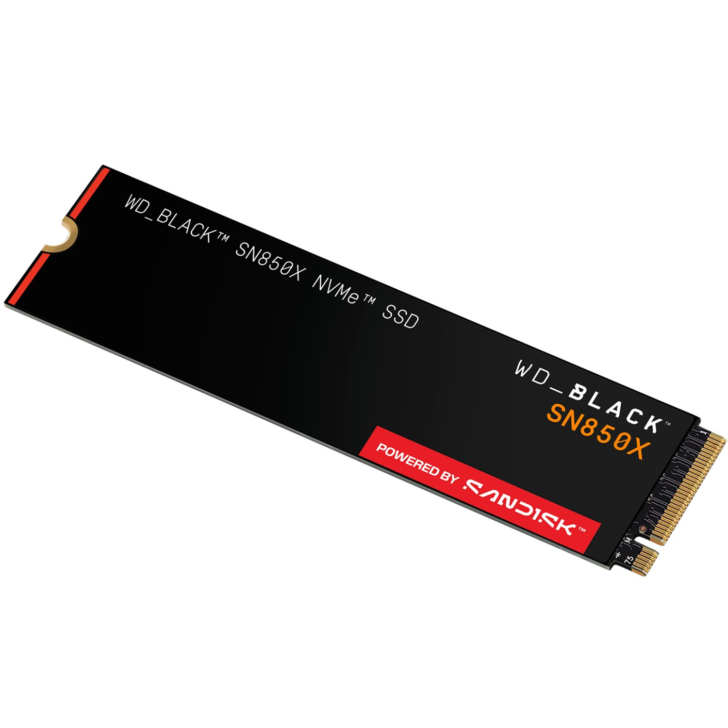 SSD WD Black SN850X NVMe sobre fondo blanco. Cuerpo negro, conectores dorados. Logo Sandisk y detalles del producto visibles.