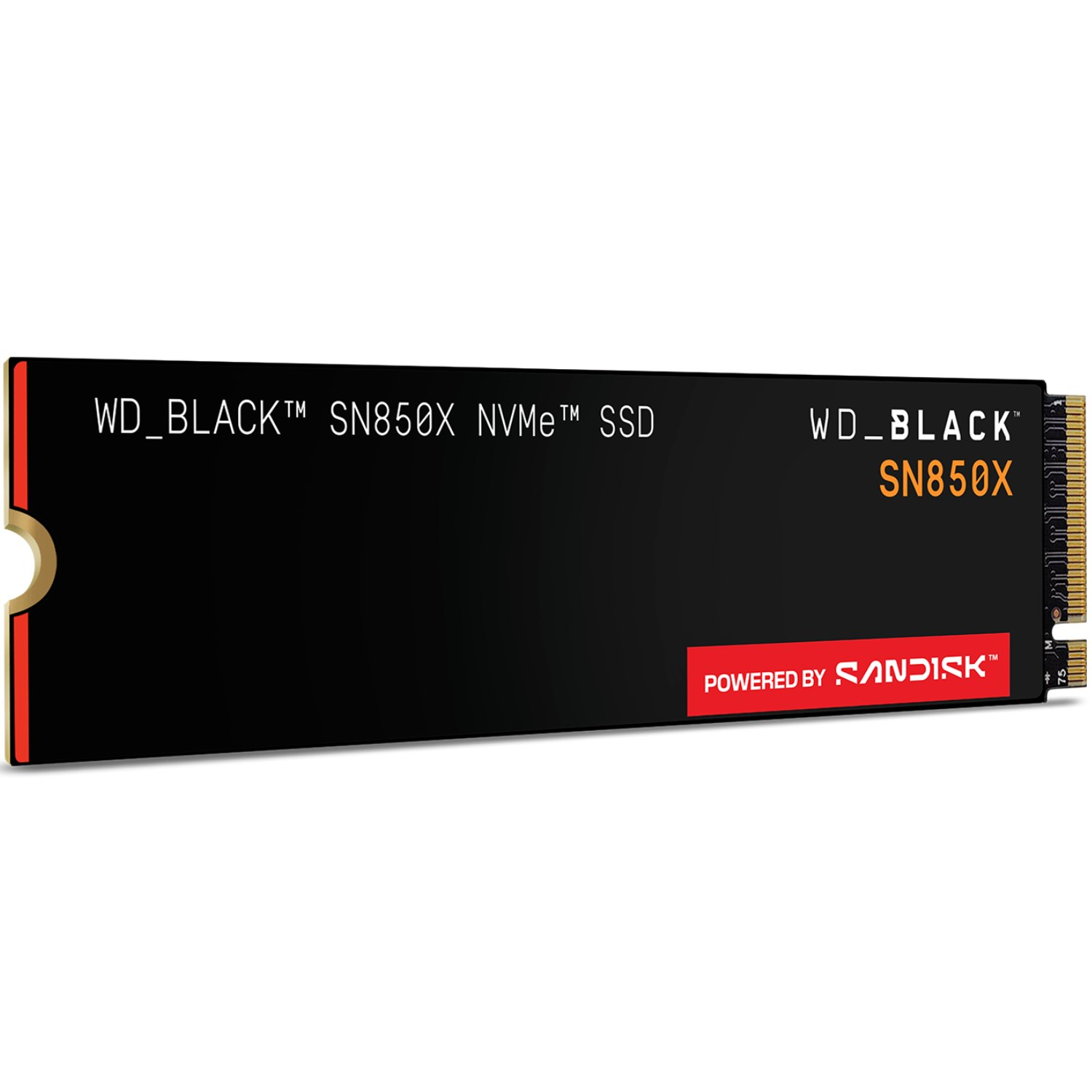 SSD WD_BLACK SN850X NVMe. Diseño negro y rojo. Desarrollado por Sandisk. Conector dorado a la derecha.