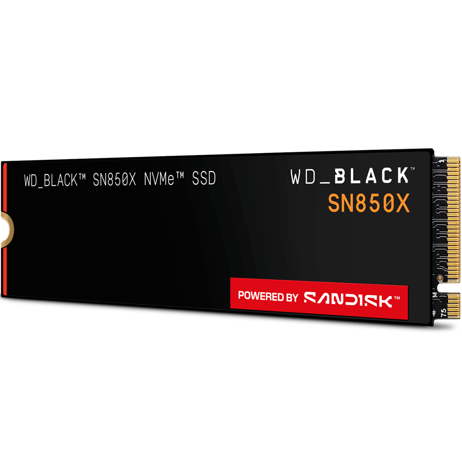 Un SSD WD_BLACK SN850X NVMe negro. Tiene texto blanco y naranja y una sección roja con 'POWERED BY SANDISK' escrito.