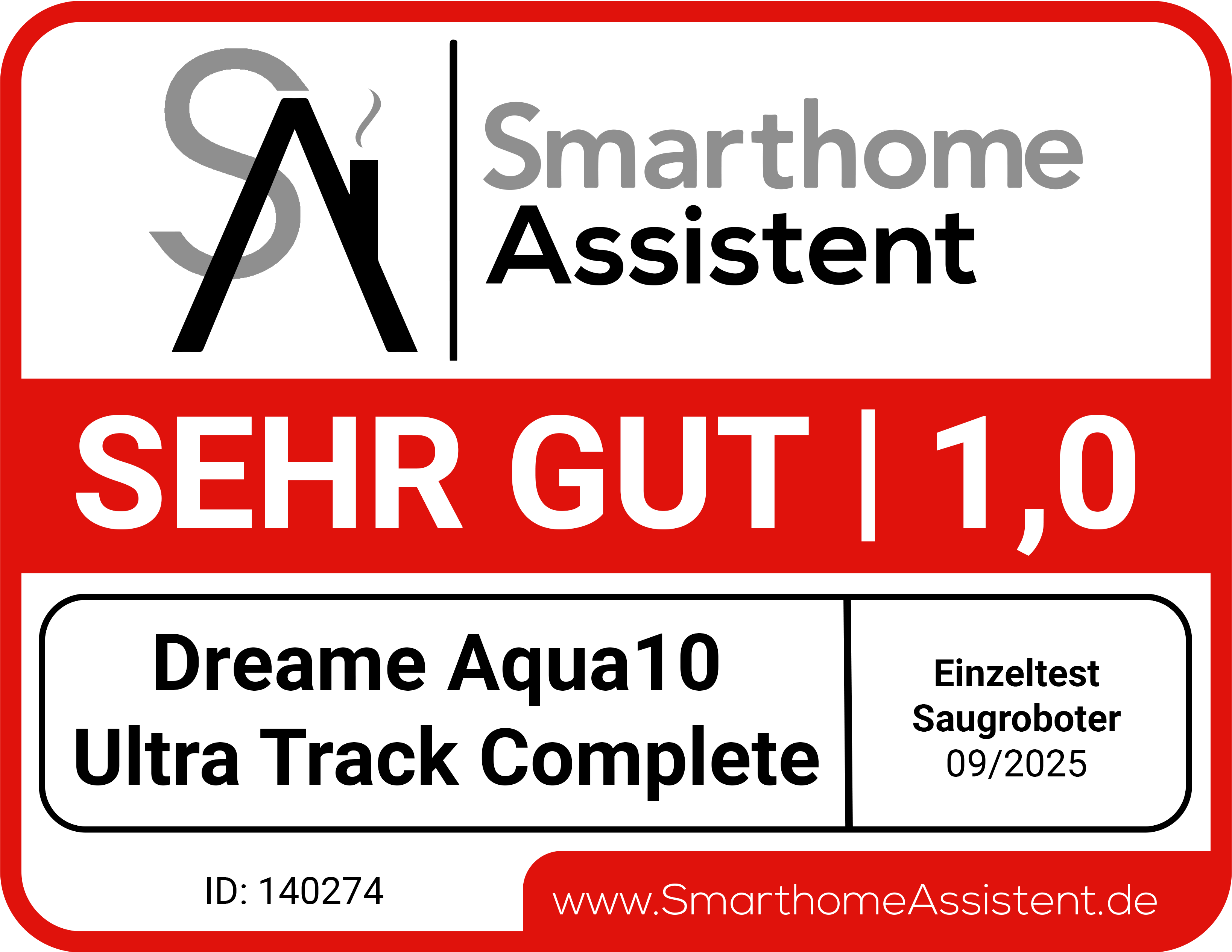 Das Bild zeigt eine Bewertung für Dreame Aqua10 mit einer Bewertung von 1,0. Es enthält das Smarthome Assistent Logo.