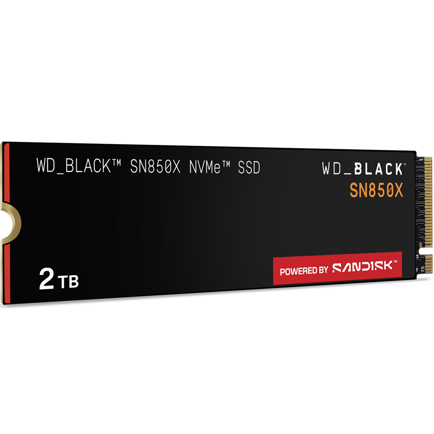 SSD WD_BLACK SN850X NVMe. SSD negra con detalles naranjas. Muestra capacidad de 2TB y marca Sandisk. Texto: WD_BLACK, SN850X.