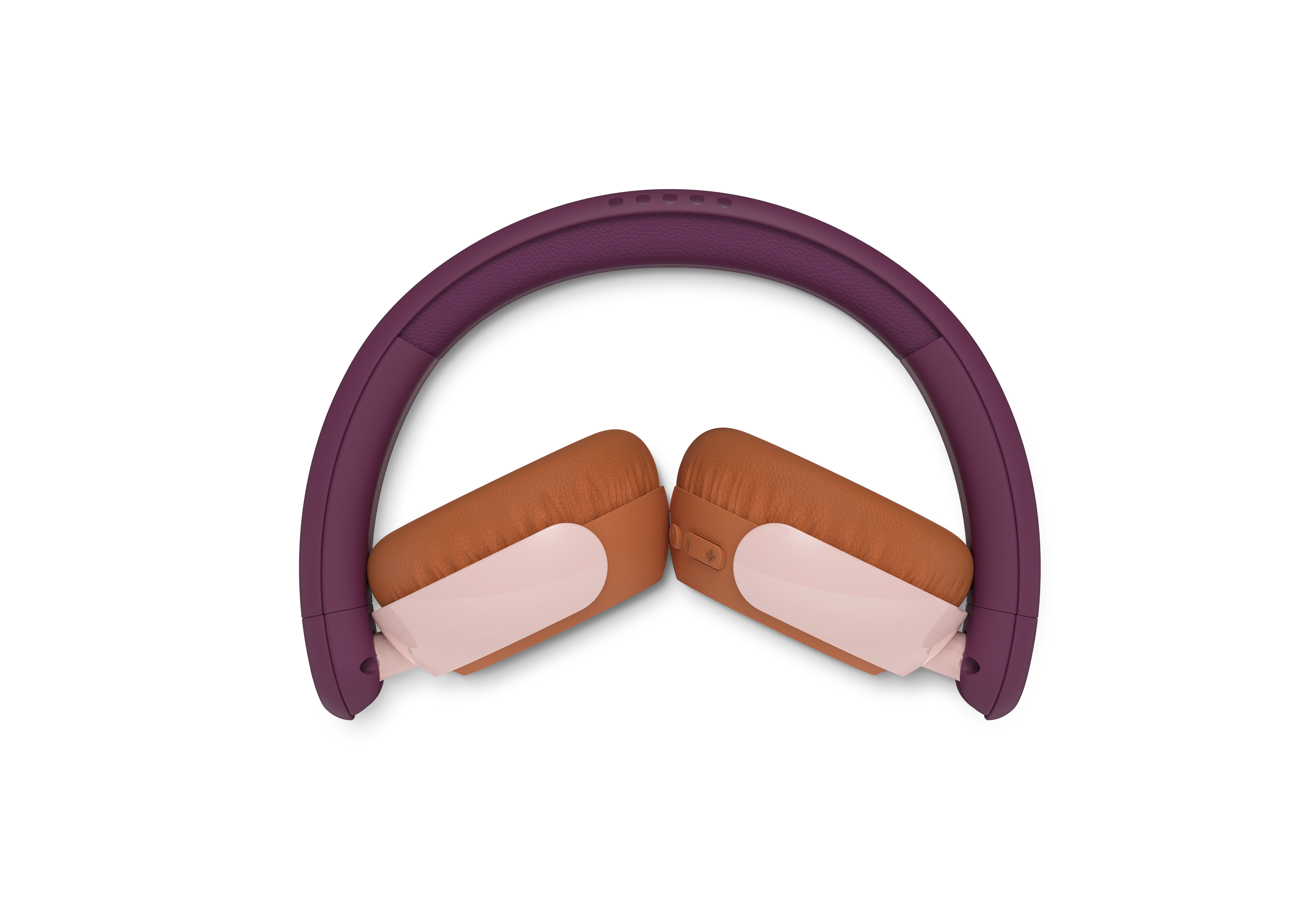 Over-Ear-Kopfhörer. Dunkelviolettes Kopfband. Braune Ohrmuscheln mit rosa und braunen Akzenten. Weißer Hintergrund.